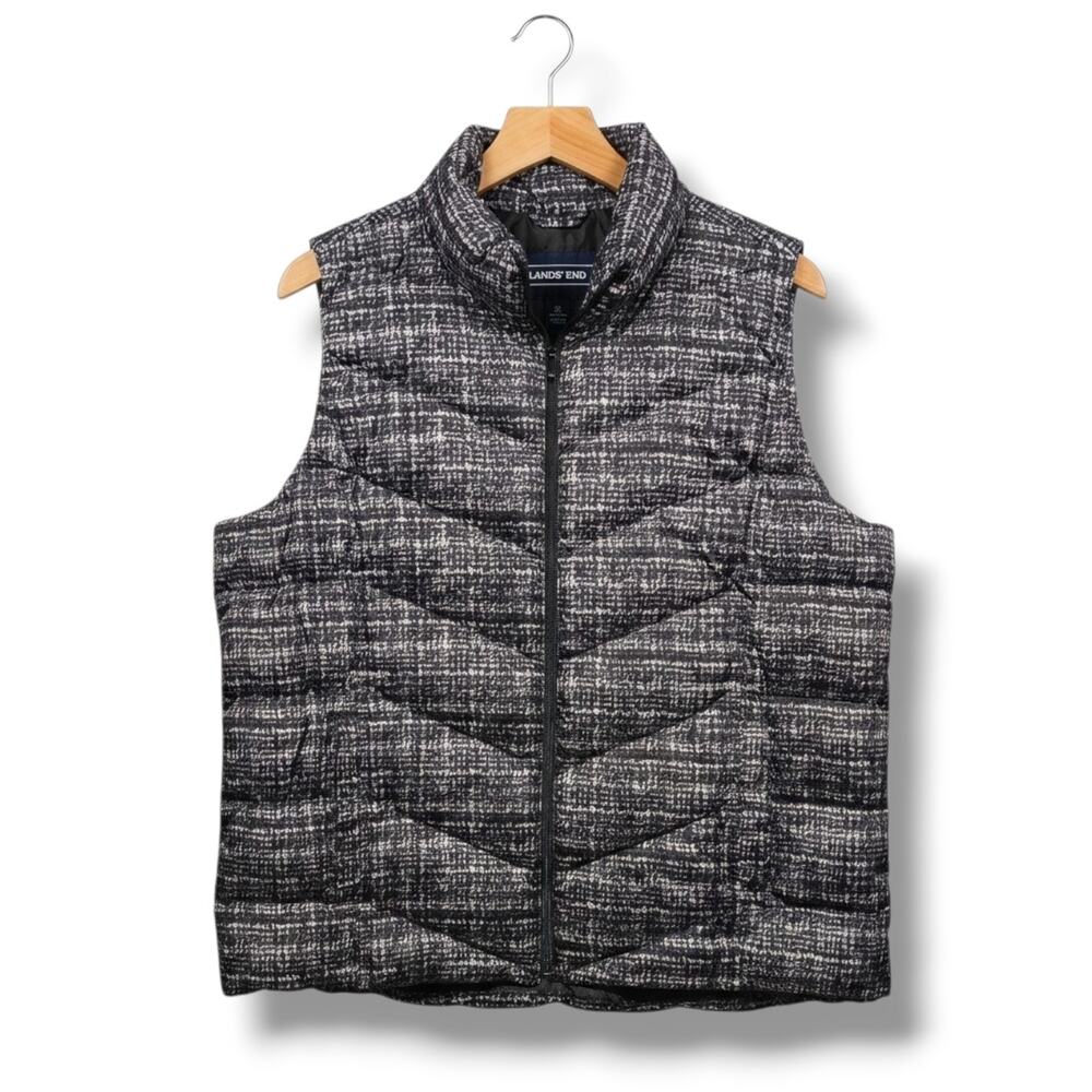 Lands' End Down Puffer Vest Black White Textured Print Plus Size 2X (20W-22W)